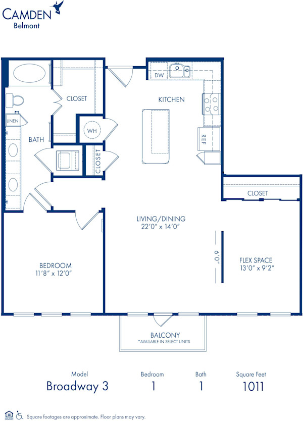 Blueprint of Broadway 3 Floor Plan, 1 Bedroom and 1 Bathroom at Camden Belmont Apartments in Dallas, TX