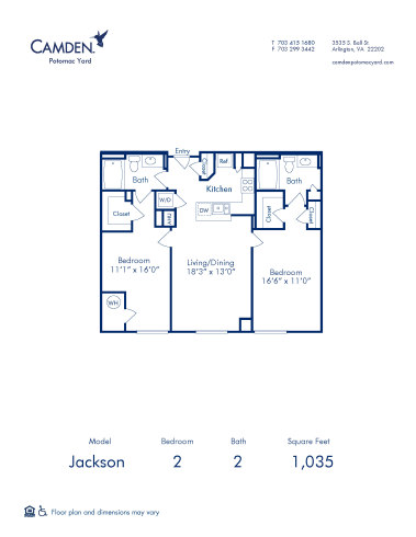 Blueprint of Jackson Floor Plan, 2 Bedrooms and 2 Bathrooms at Camden Potomac Yard Apartments in Arlington, VA