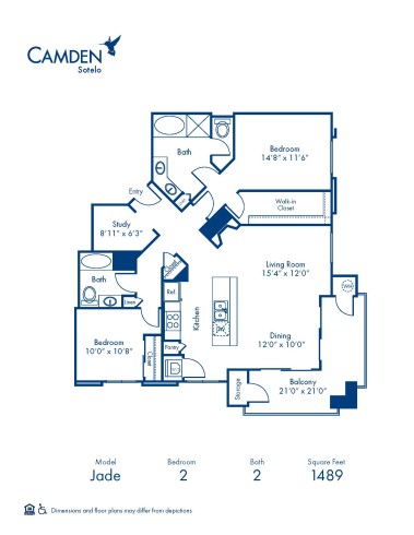 Blueprint of Jade Floor Plan, 2 Bedrooms and 2 Bathrooms at Camden Sotelo Apartments in Tempe, AZ