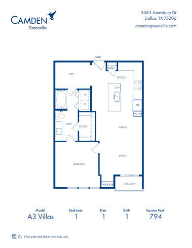 Camden Greenville apartments in Dallas, TX, one bedroom one bath floor plan, A3 Villas