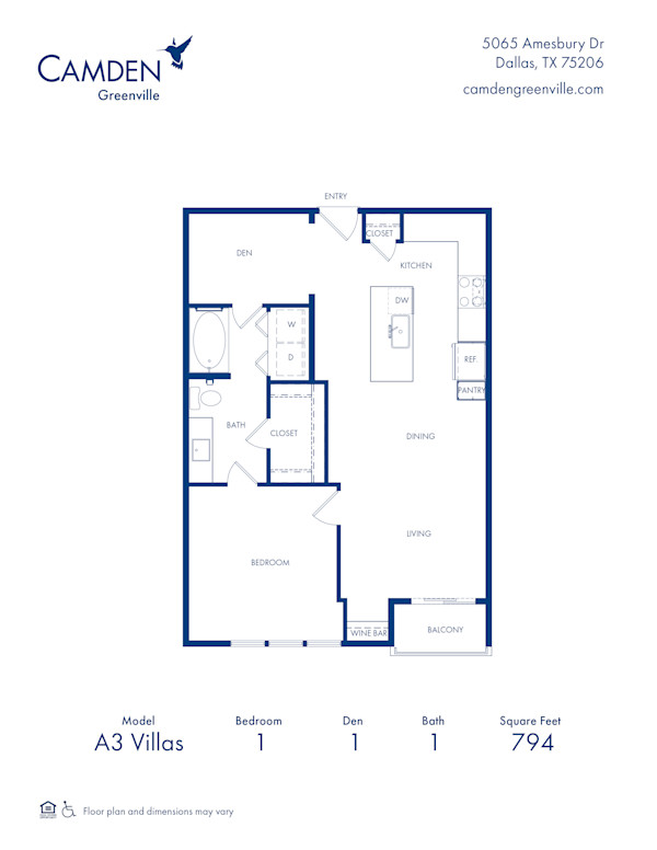 Camden Greenville apartments in Dallas, TX, one bedroom one bath floor plan, A3 Villas