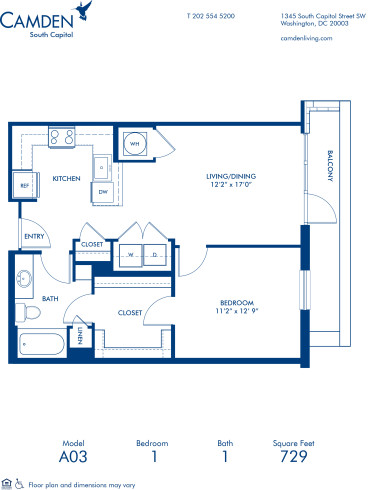 Blueprint of A03 Floor Plan, 1 Bedroom and 1 Bathroom at Camden South Capitol Apartments in Washington, DC