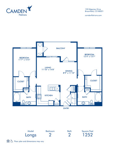 Blueprint of Longs Floor Plan, 2 Bedrooms and 2 Bathrooms at Camden Flatirons Apartments in Broomfield, CO