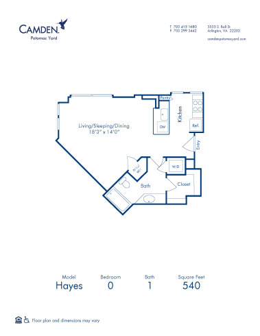 Blueprint of Hayes Floor Plan, Studio with 1 Bathroom at Camden Potomac Yard Apartments in Arlington, VA