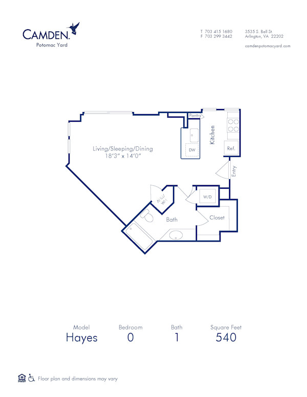 Blueprint of Hayes Floor Plan, Studio with 1 Bathroom at Camden Potomac Yard Apartments in Arlington, VA