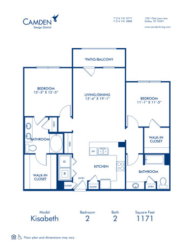 Blueprint of Kisabeth Floor Plan, 2 Bedrooms and 2 Bathrooms at Camden Design District Apartments in Dallas, TX
