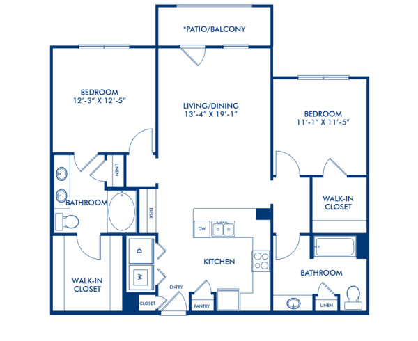 Blueprint of Kisabeth Floor Plan, 2 Bedrooms and 2 Bathrooms at Camden Design District Apartments in Dallas, TX