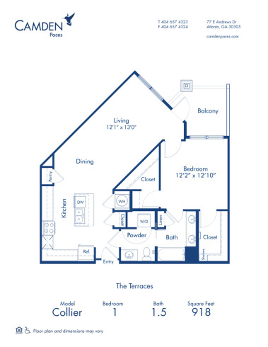 Blueprint of Collier Floor Plan, 1 Bedroom and 1 Bathroom at Camden Paces Apartments in Atlanta, GA