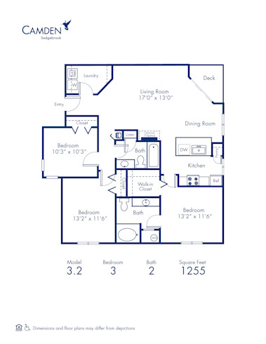 Blueprint of 3.2TB Floor Plan, Apartment Home with 2 Bedrooms and 2 Bathrooms at Camden Sedgebrook in Huntersville, NC