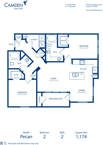Blueprint of Pecan Floor Plan, 2 Bedrooms and 2 Bathrooms at Camden Cedar Hills Apartments in Austin, TX
