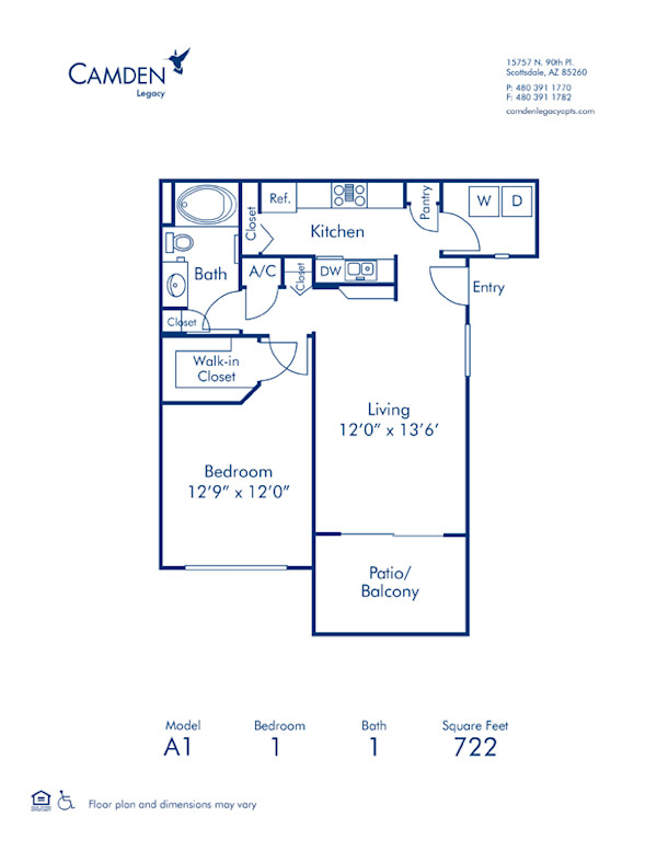 Blueprint of A1 Floor Plan, 1 Bedroom and 1 Bathroom at Camden Legacy Apartments in Scottsdale, AZ