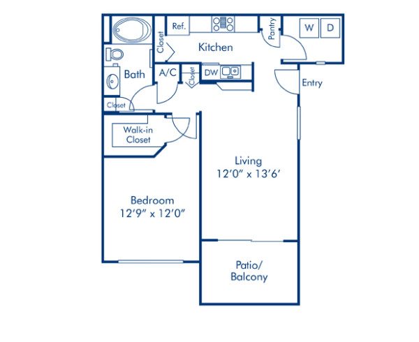 Blueprint of A1 Floor Plan, 1 Bedroom and 1 Bathroom at Camden Legacy Apartments in Scottsdale, AZ