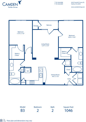 Blueprint of B3 Floor Plan, 2 Bedrooms and 2 Bathrooms at Camden Fairfax Corner Apartments in Fairfax, VA