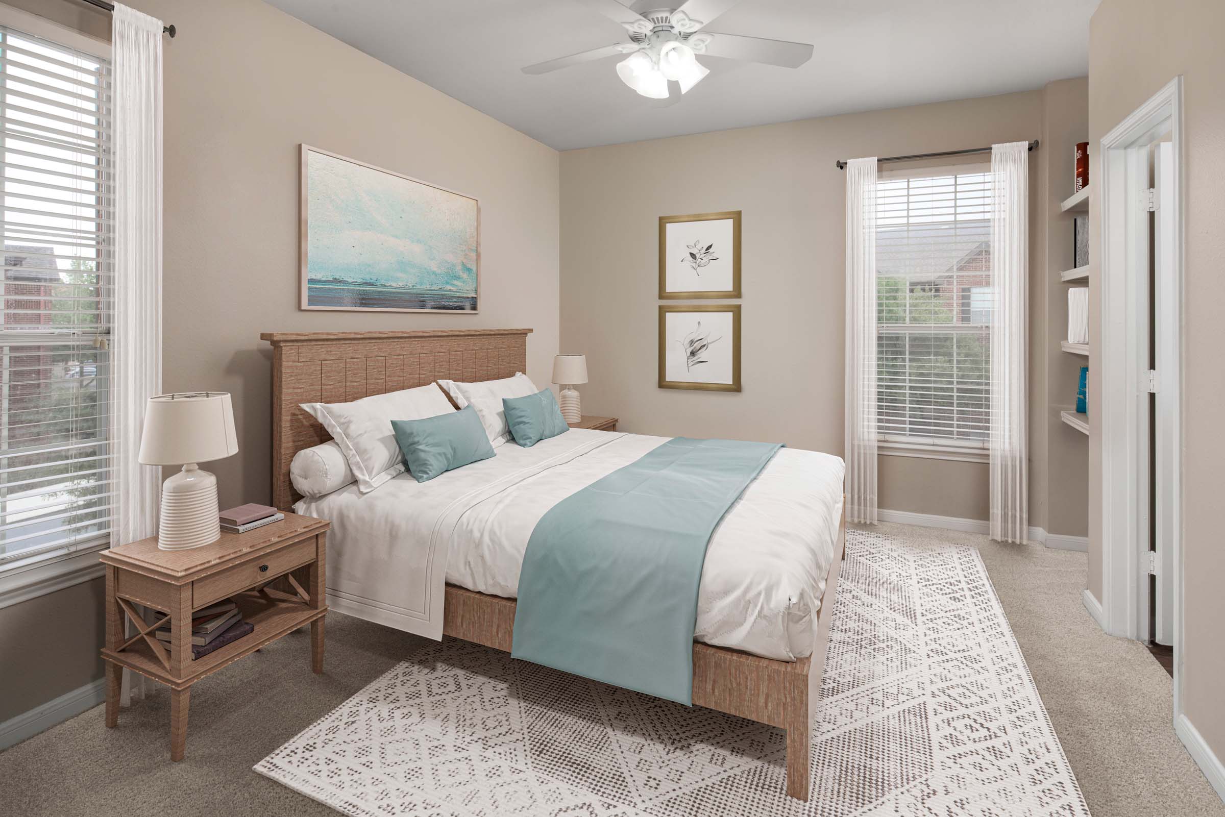 Bedroom with carpet and built-in shelves at Camden Centerport apartments in Fort Worth, Tx