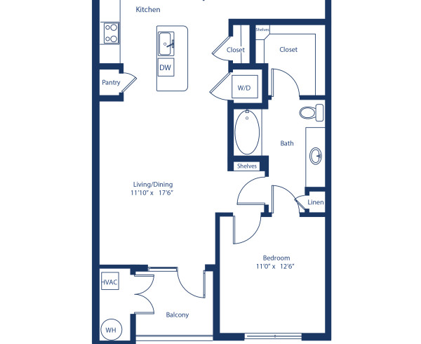 Camden Rino apartments in Denver one bedroom floor plan diagram, The A10