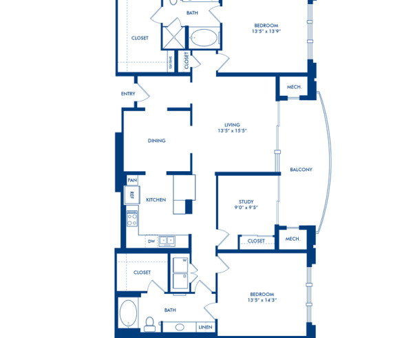 Blueprint of I Floor Plan, 2 Bedrooms and 2 Bathrooms at Camden Post Oak Apartments in Houston, TX