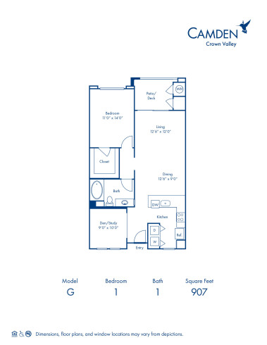 Blueprint of G Floor Plan, 1 Bedroom and 1 Bathroom at Camden Crown Valley Apartments in Mission Viejo, CA