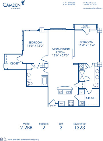 Blueprint of 2.2BB Floor Plan, 2 Bedrooms and 2 Bathrooms at Camden Cotton Mills Apartments in Charlotte, NC