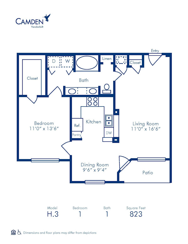 Blueprint of H.3 Floor Plan, 1 Bedroom and 1 Bathroom at Camden Vanderbilt Apartments in Houston, TX