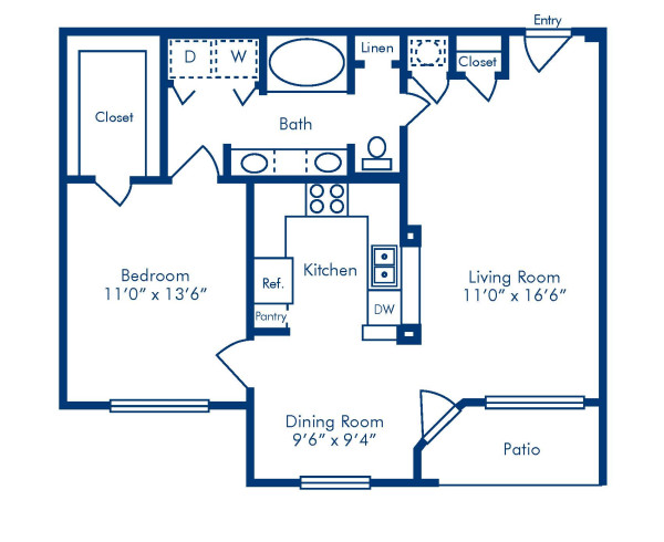 Blueprint of H.3 Floor Plan, 1 Bedroom and 1 Bathroom at Camden Vanderbilt Apartments in Houston, TX