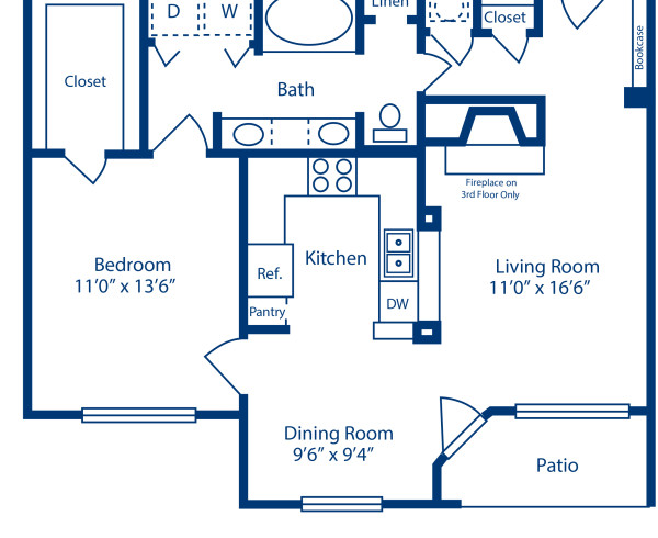 Blueprint of H.3 Floor Plan, 1 Bedroom and 1 Bathroom at Camden Vanderbilt Apartments in Houston, TX