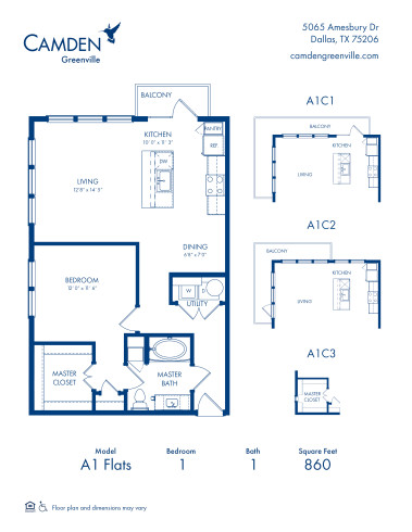 Camden Greenville apartments in Dallas, Texas - one bedroom one bathroom apartment - A1 Flats with A1C1, A1C2 and A1C3