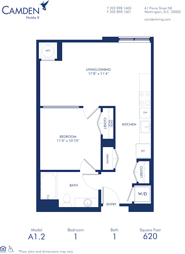 Blueprint of A1.2 Floor Plan, 1 Bedroom and 1 Bathroom at Camden NoMa II Apartments in Washington, DC
