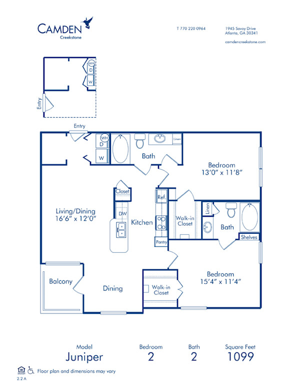 Blueprint of Juniper Floor Plan, 2 Bedrooms and 2 Bathrooms at Camden Creekstone Apartments in Atlanta, GA