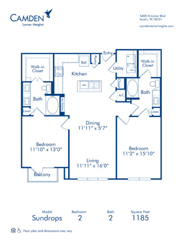 Blueprint of Sundrops Floor Plan, 2 Bedrooms and 2 Bathrooms at Camden Lamar Heights Apartments in Austin, TX