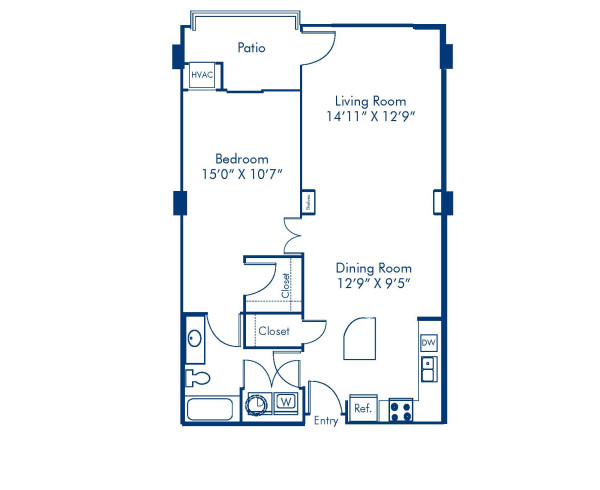Blueprint of The Nobhill Floor Plan, 1 Bedroom and 1 Bathroom at Camden Grandview Apartments in Charlotte, NC