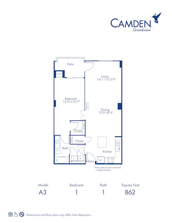 Blueprint of The Nobhill Floor Plan, 1 Bedroom and 1 Bathroom at Camden Grandview Apartments in Charlotte, NC