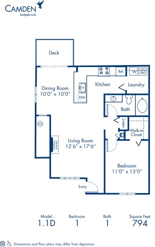 Blueprint of 1.1D Floor Plan, 1 Bedroom and 1 Bathroom at Camden Sedgebrook Apartments in Huntersville, NC