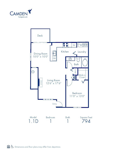 Blueprint of 1.1D Floor Plan, 1 Bedroom and 1 Bathroom at Camden Sedgebrook Apartments in Huntersville, NC