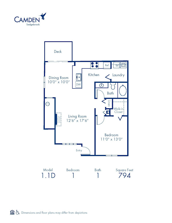 Blueprint of 1.1D Floor Plan, 1 Bedroom and 1 Bathroom at Camden Sedgebrook Apartments in Huntersville, NC