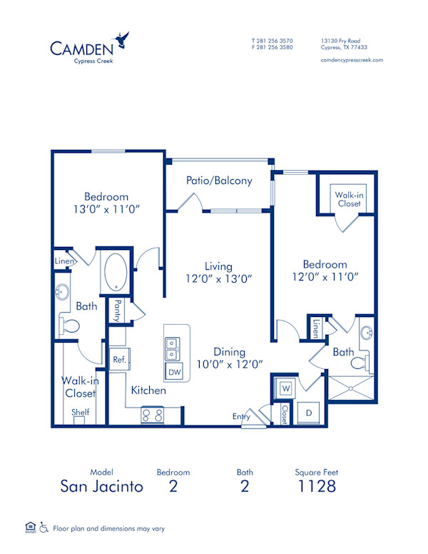 Blueprint of San Jacinto Floor Plan, 2 Bedrooms and 2 Bathrooms at Camden Cypress Creek Apartments in Cypress, TX