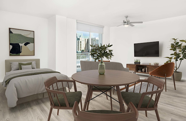 Studio apartment with open-concept layout in the Bellini floorplan at Camden Las Olas in Fort Lauderdale, FL.
