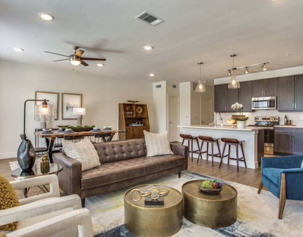 Flats townhome first floor view of living room, kitchen and dining area