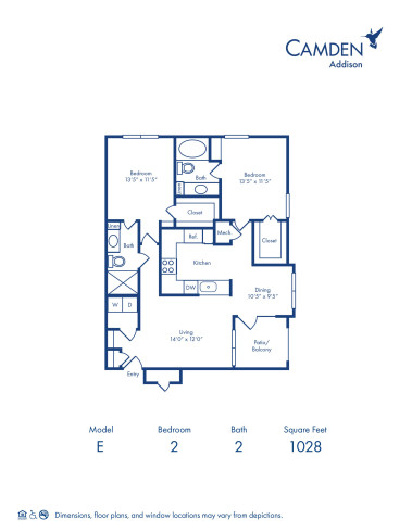 Blueprint of E Floor Plan, 2 Bedrooms and 2 Bathrooms at Camden Addison Apartments in Addison, TX