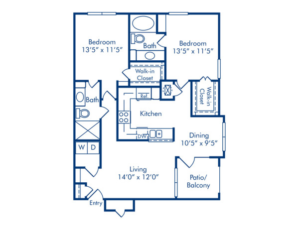 Blueprint of E Floor Plan, 2 Bedrooms and 2 Bathrooms at Camden Addison Apartments in Addison, TX