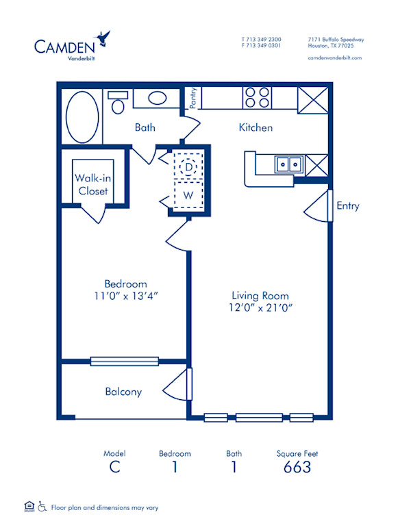 Blueprint of C Floor Plan, 1 Bedroom and 1 Bathroom at Camden Vanderbilt Apartments in Houston, TX