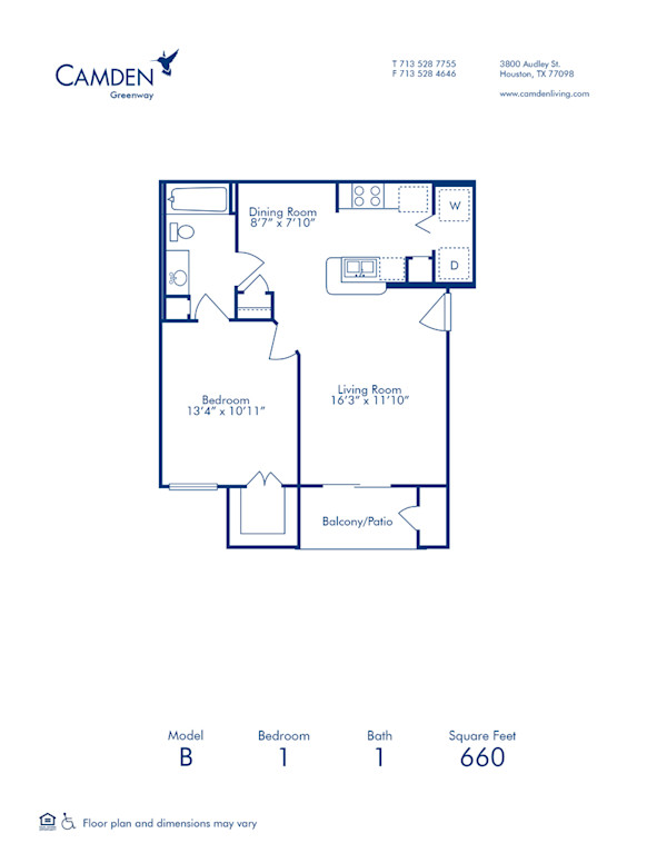 Blueprint of B Floor Plan, 1 Bedroom and 1 Bathroom at Camden Greenway Apartments in Houston, TX
