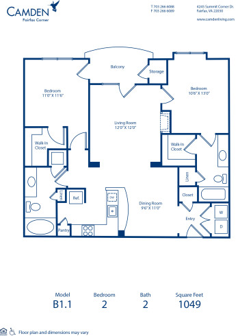 Blueprint of B1.1 Floor Plan, 2 Bedrooms and 2 Bathrooms at Camden Fairfax Corner Apartments in Fairfax, VA