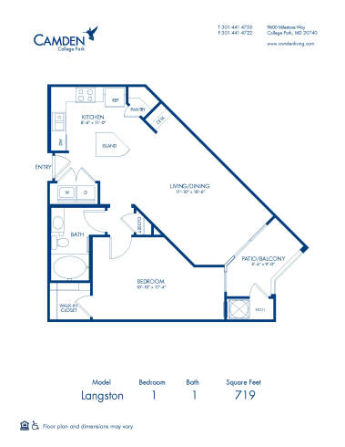 Blueprint of Langston Floor Plan, 1 Bedroom and 1 Bathroom at Camden College Park Apartments in College Park, MD