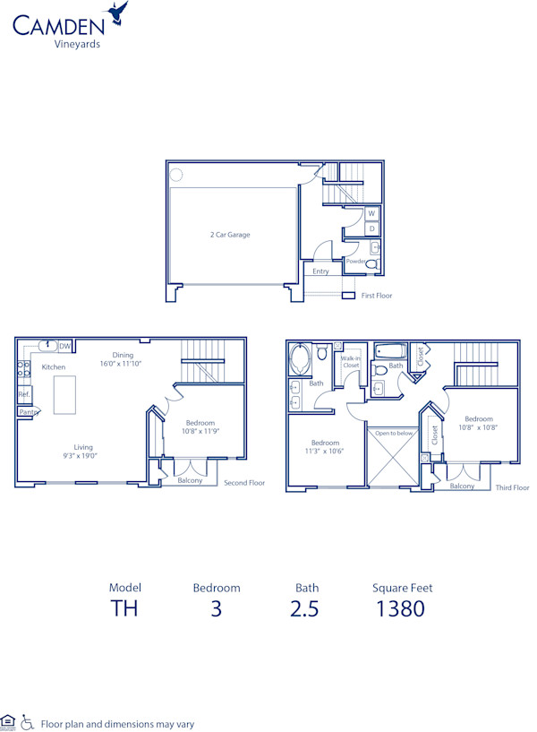Blueprint of Townhome Floor Plan, 3 Bedrooms and 2.5 Bathrooms at Camden Vineyards Apartments in Murrieta, CA