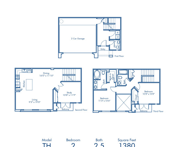 Blueprint of Townhome Floor Plan, 3 Bedrooms and 2.5 Bathrooms at Camden Vineyards Apartments in Murrieta, CA