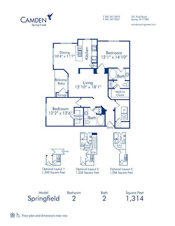Blueprint of Springfield 4 Floor Plan, 2 Bedrooms and 2 Bathrooms at Camden Spring Creek Apartments in Spring, TX