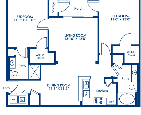 Blueprint of Woodland Floor Plan, 2 Bedrooms and 2 Bathrooms at Camden Stockbridge Apartments in Stockbridge, GA