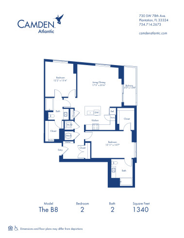 The B8 floor plan, 2 bed, 2 bath apartment home at Camden Atlantic in Plantation, FL