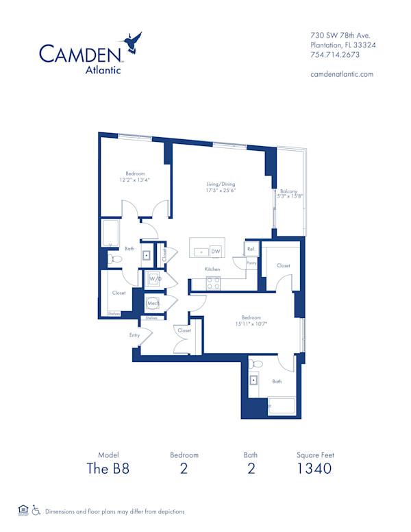 The B8 floor plan, 2 bed, 2 bath apartment home at Camden Atlantic in Plantation, FL