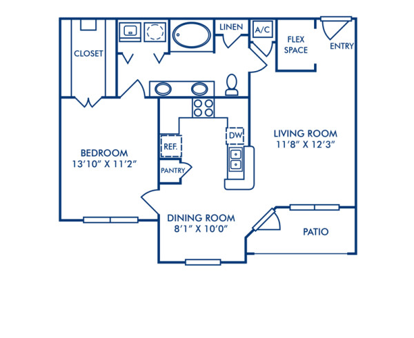 Blueprint of A4 Floor Plan, 1 Bedroom and 1 Bathroom at Camden Farmers Market Apartments in Dallas, TX